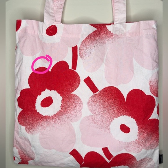 Marimekko Pink Red Floral Cotton Tote Bag 16x16 inch - Picture 6 of 6